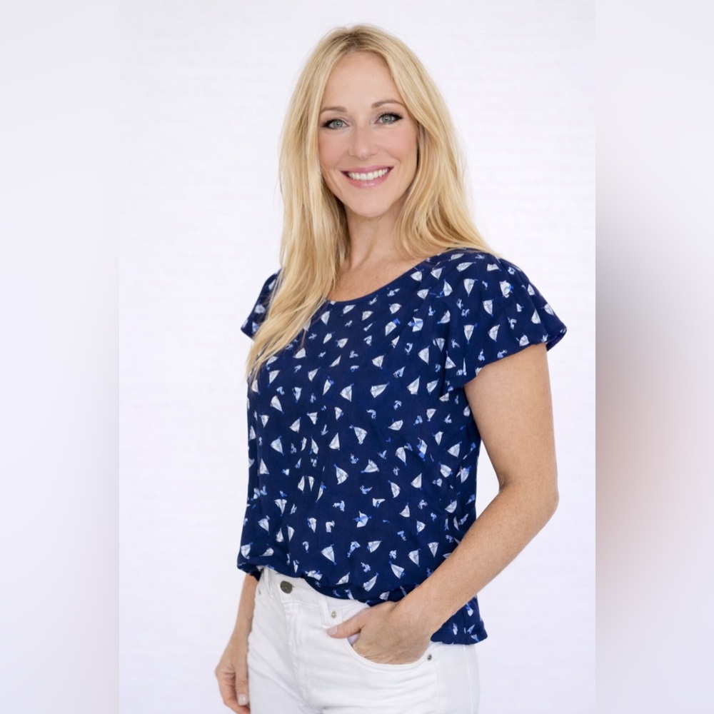 Polo Ralph Lauren Women’s Short Sleeve Navy Sheer Top Blouse Flutter Sleeve